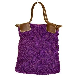 ANTHROPOLOGIE Laoag Leather + Raffia Tote Vintage Purple